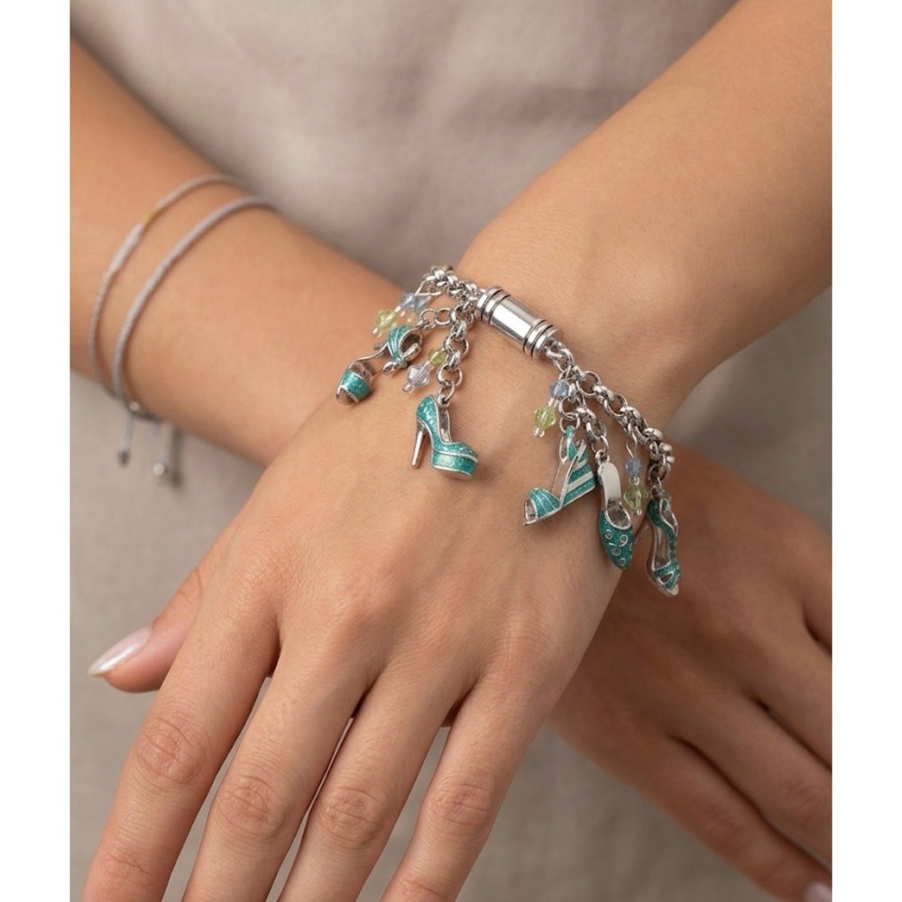 Teal Enamel High Heel Shoe Charm Bracelet Silver Tone Magnetic Clasp 7.5"‎